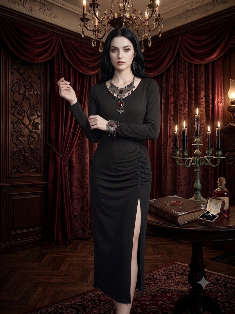 Elegant Black Long-Sleeve Midi Dress with Side Slit